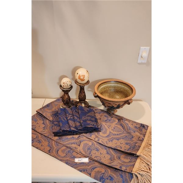 3 Table Runners (71"), 2 Candle Holders & Matching Pottery Bowl (Height 8", Diameter 11.5")