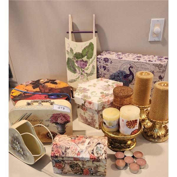 Various Decorative Boxes, Hand Painted Sleigh, Metal Heart Tin, Candles, Gold Candle Holders