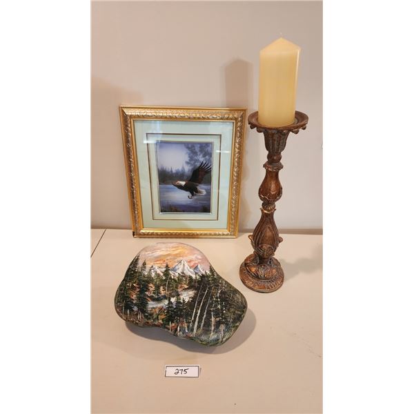 Framed Eagle Picture, Tall Standing Candle Holder with Candle, Hand Painted Mountain Range on Rock