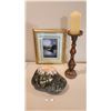 Image 1 : Framed Eagle Picture, Tall Standing Candle Holder with Candle, Hand Painted Mountain Range on Rock