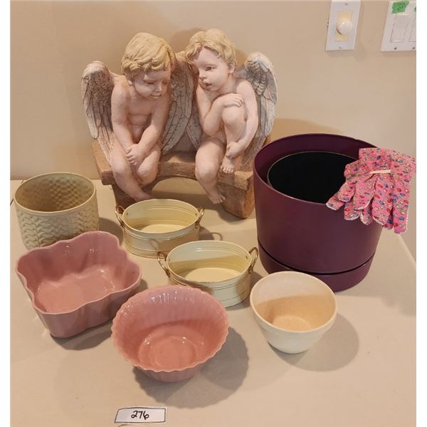 Outdoor Angel Statue, Variety of Planting Pots, Gardening Gloves