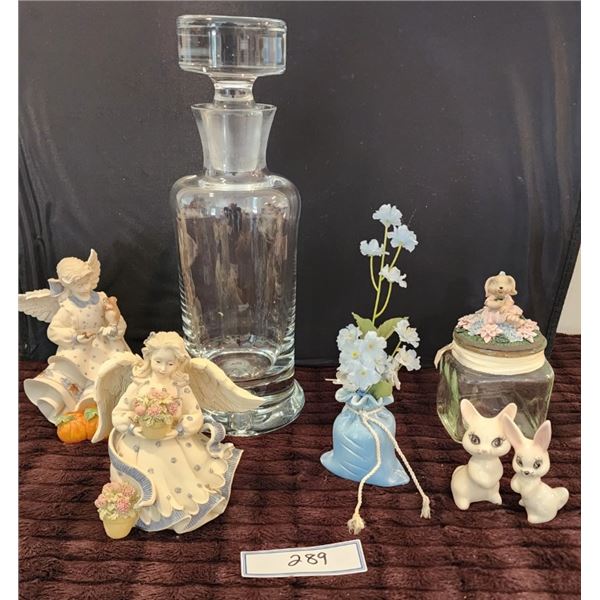 Sarah's Angels by Cheri Lane, Flower, Bunny Jar, Vintage Krosno Crystal Decanter, Vintage Bunny Pair