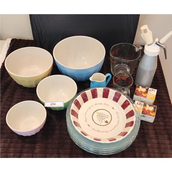 Mayfair & Jackson Mixing Bowls, Glass Pie Plates, Measuring Cups, Whipping Cream Dispenser/chargers