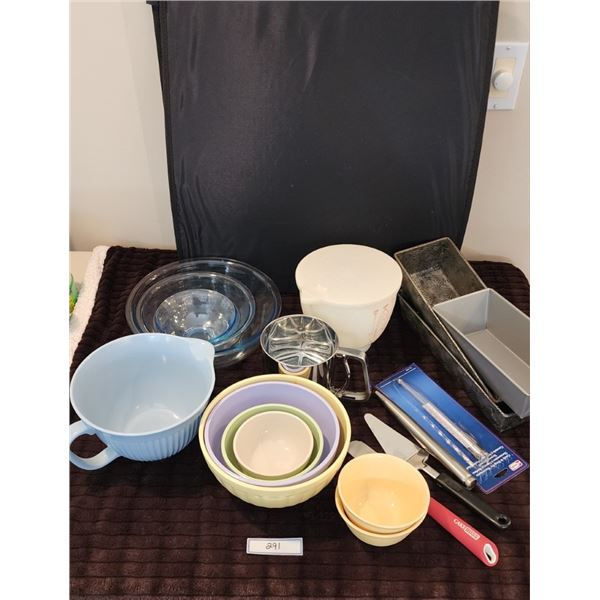 Loaf Pans, Glass Bowls, Candy Thermometer, Tupperware Measuring Cup with Lid, Asst Bowls, Utensils