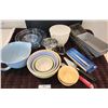 Image 2 : Loaf Pans, Glass Bowls, Candy Thermometer, Tupperware Measuring Cup with Lid, Asst Bowls, Utensils