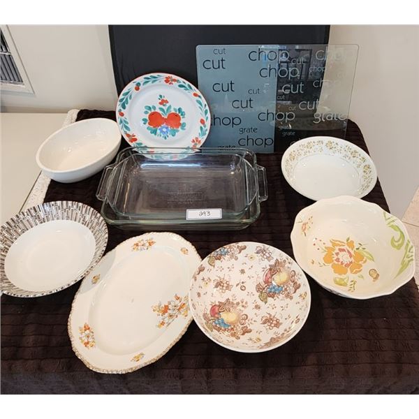 Glass Cake Pans, Glass Cutting Board, 5 Vintage Bowls, Platter, Plate