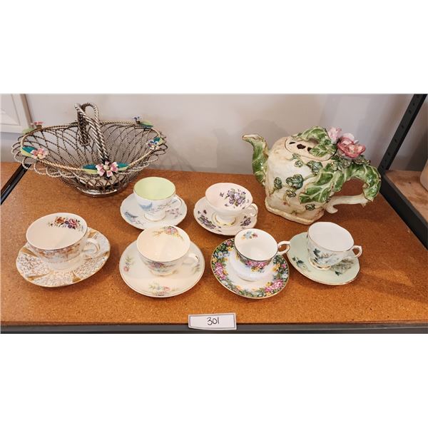 Funky Decorative Kimberley Designs Teapot, Vintage Braided Metal Basket, 6 Vintage Teacups