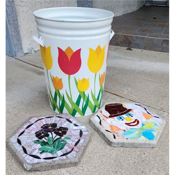 Vintage Floral Trash Can (23"Tall), Mosaic Hexagonal Pansy & Clown Stepping Stones (16.5"x16.5")