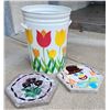 Image 1 : Vintage Floral Trash Can (23"Tall), Mosaic Hexagonal Pansy & Clown Stepping Stones (16.5"x16.5")