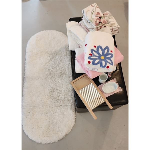 Bathroom Soap Dish, Cup, Bath Towels, Hand Towels, White Carpet 50"x24", Small Wash Board