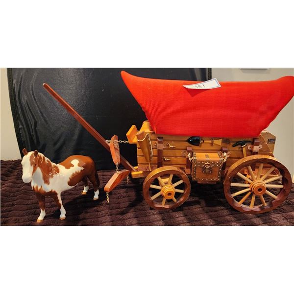 Beswick Brown & White Skewbald Pony, Vintage Wooden Red  Covered Wagon & Copper Look Lamp