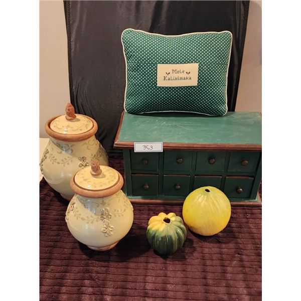 Wood Spice Cabinet, Vintage Vege Ceramic Vases, Terra Cotta Ceramic Containers, Hawaiian Cushion