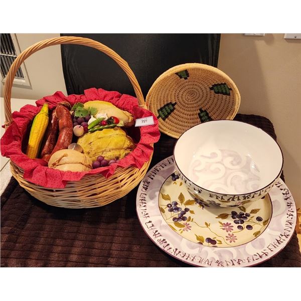 Large Bowl & Plate Hand Painted by Tracy Porter, Woven Native Basket, Purple Vases, Picnic Basket
