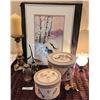 Image 2 : Winter Scene Painting by Marion Evans, Antique Victorian Candle Holder, Lamp, Boxes-see description