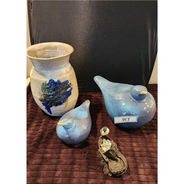 Pottery Sitting Blue Birds, Vintage Handmade Pottery Vase,Chickadee& Babies Perched on Shoe Figurine