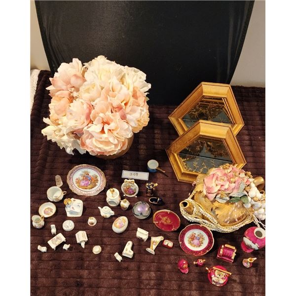 Gold & Glass Shelves, Decorative Teapot, Flowers in Vase, Vintage Limoges Porcelain Miniatures