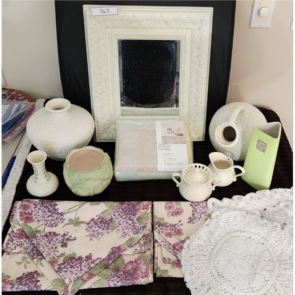 Creme Mirror & Pottery Vases,L. Godinger & Co. Cream & Sugar, Leaf Bowl, Vase, Table Runners,Doilies