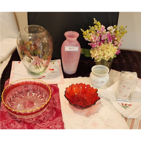 Fine Linens, Indiana Art Glass, Hand Painted Vase, Cranberry Bubbled Bowl