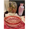 Image 2 : Fine Linens, Indiana Art Glass, Hand Painted Vase, Cranberry Bubbled Bowl
