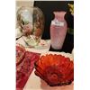Image 3 : Fine Linens, Indiana Art Glass, Hand Painted Vase, Cranberry Bubbled Bowl