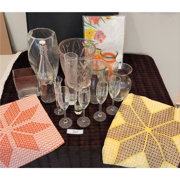 Large Variety of Glass Vases & Glasses, Floral Tablecloth, 2 Vintage Gingham Embroidered Tablecloths