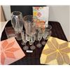 Image 1 : Large Variety of Glass Vases & Glasses, Floral Tablecloth, 2 Vintage Gingham Embroidered Tablecloths