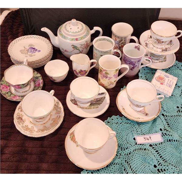 Handmade Crocheted Tablecloth, Selection of Vintage Cups & Saucers, Vintage Parrot, Floral Teapot