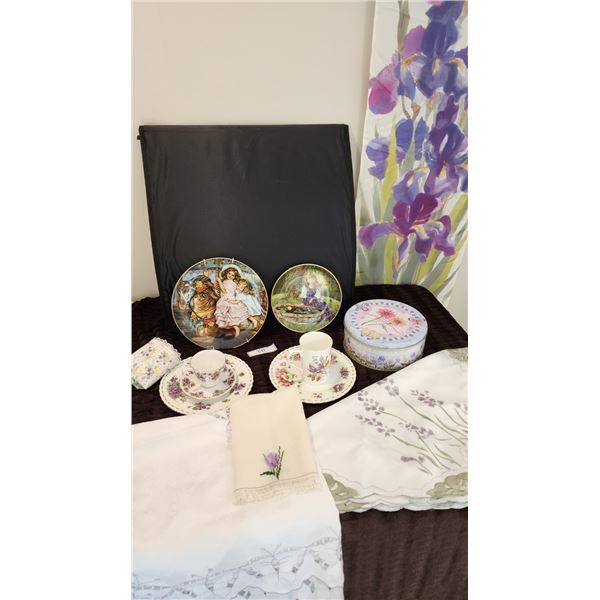 Vintage Collectible Plates, Fine Linen, Hand Painted Iris Watercolor Wall Art in Silk, Cups & Saucer