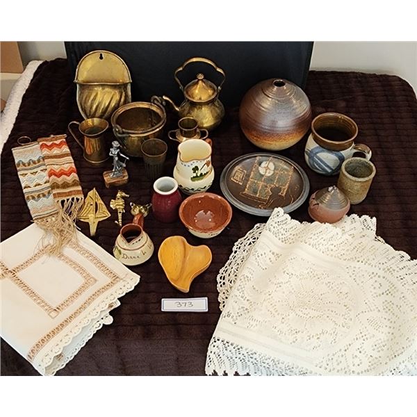 Handcrafted Pottery, Doilies, Vintage Brass, Wood Trinket Bowl