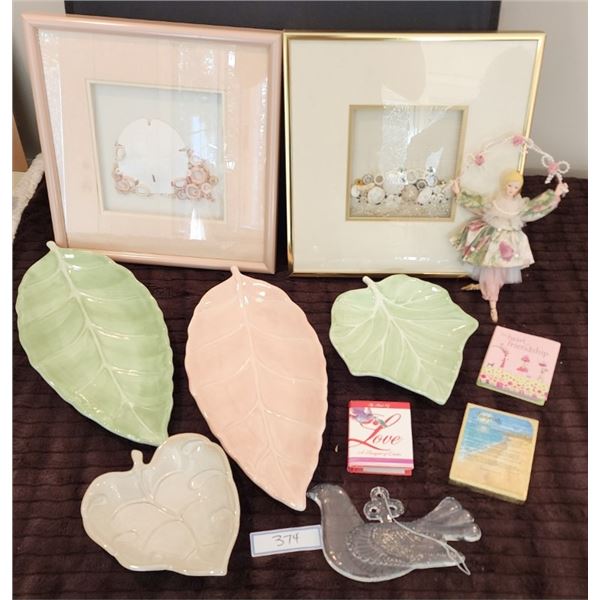 Handcrafted Framed Shell Art, Hand Painted Leaf Dishes, Porcelain Dancer, Glass Dove, Tiny Books