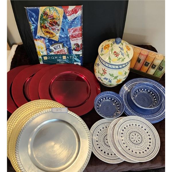 12 Piece Dinnerware Set, Tablecloth, Candles, Charger Plates, Hand Painted Ceramic Container