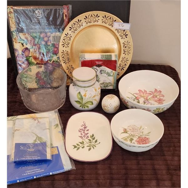 Tablecloth, Napkins, Vintage Storage Jar, Glass Bowl, Noritake Serving Bowls, Oval Platter