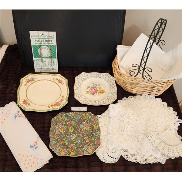 RARE Royal Winton Plates, Basket with Metal Handle, Selection of Handmade Doilies & Fine Linen
