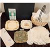 Image 1 : RARE Royal Winton Plates, Basket with Metal Handle, Selection of Handmade Doilies & Fine Linen
