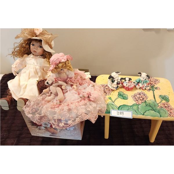 Vintage Dolls, Collectible Mary Moo Moo's, Hand Painted Bench