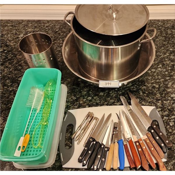 Cutlery, Knives, Cutting Board, Large Metal Bowl, Vegetable Crisper, Large Pot, Utensil Holder