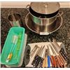 Image 1 : Cutlery, Knives, Cutting Board, Large Metal Bowl, Vegetable Crisper, Large Pot, Utensil Holder