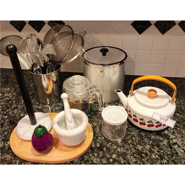 Tea Kettle, Ice Bucket, Cutting Board, Percolator Coffee Pot, Marble Mortar & Pestle & Towel Holder