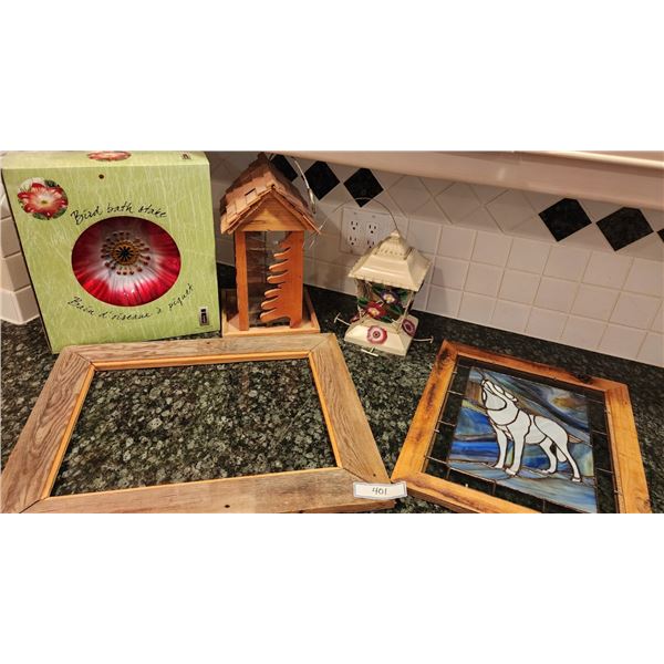 Bird Bath Stake, Bird House, Barnwood Frame, Stained Glass Wolf, Hummingbird Feeder