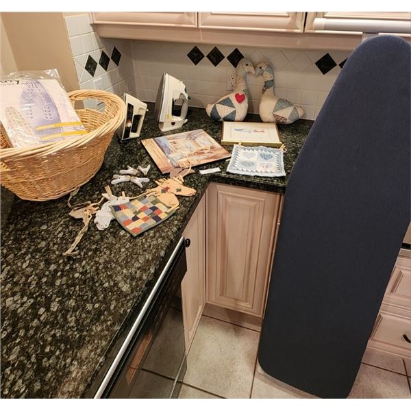 Laundry Basket, 2 Irons, Ironing Board Cover, Quilted Geese, High Hopes Picture