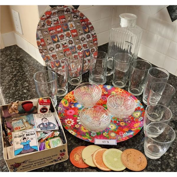 Glasses, Small Glass Bowls, Glass Juice Container, 2 Trays, Coasters, Fridge Magnets