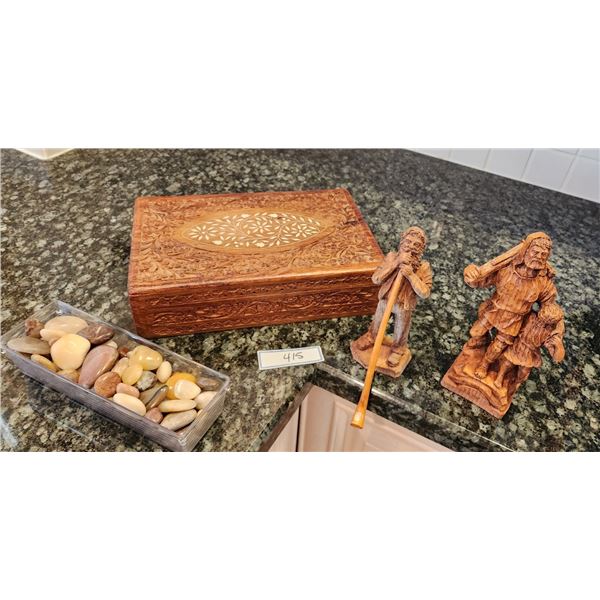 Vintage Hand Carved Wooden Sculptures, Hand Carved Wood Box, Assortment of River Rocks