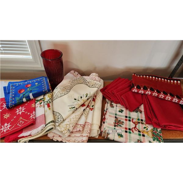 Red Christmas Tablecloth, 10 Matching Napkins, Table Runner, Various Linen, Vintage Serving Tray