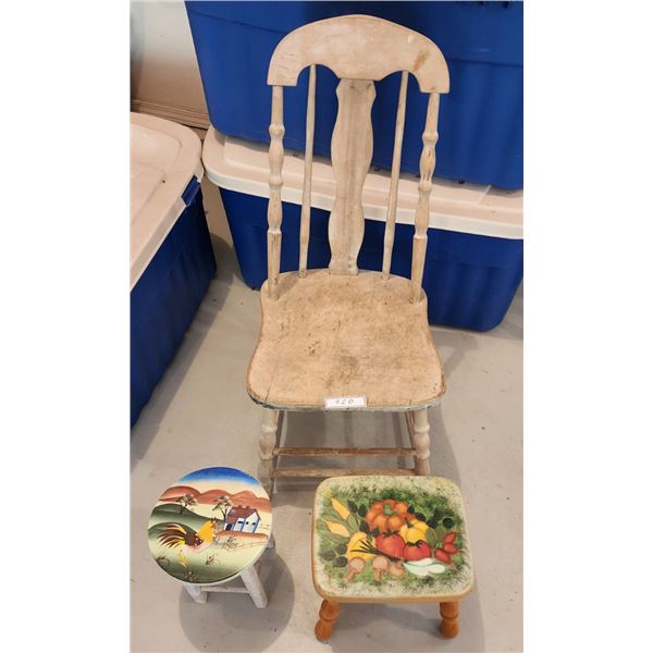 Antique Chair & 2 Antique Hand Painted Wooden Stools
