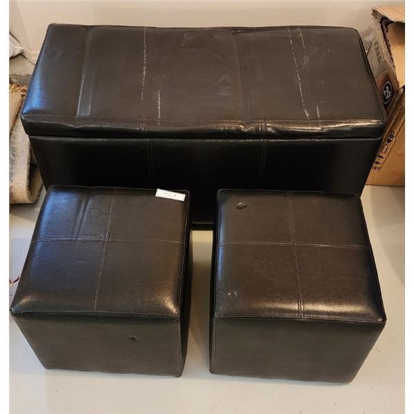 Faux Brown Leather Storage Ottoman (19"x39"x 20" Height), 2 Foot Stools (15"x15" x 14" Height)