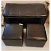 Image 1 : Faux Brown Leather Storage Ottoman (19"x39"x 20" Height), 2 Foot Stools (15"x15" x 14" Height)