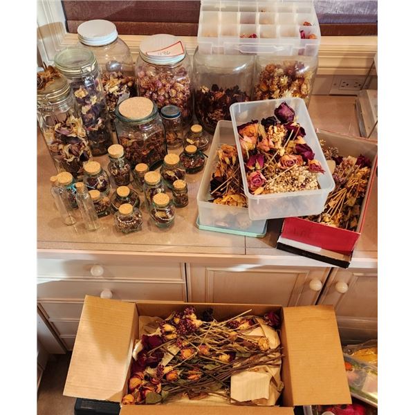 Large Lot of Dried Roses, Flowers, Glass Jars