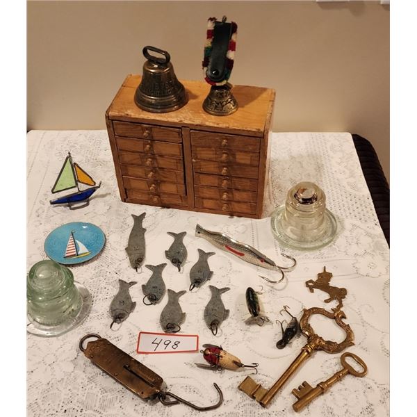 Vintage Bells, Wooden Box, Fish Hooks, Brass Keys & Unicorn, 2 Glass Insulators, Stain Glass Boat