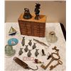 Image 1 : Vintage Bells, Wooden Box, Fish Hooks, Brass Keys & Unicorn, 2 Glass Insulators, Stain Glass Boat