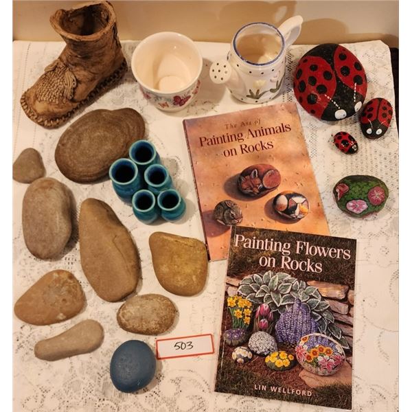Painting on Rocks Books, Lady Bug Trio on Rocks, Rocks, Vintage Ceramic Boot, Pot, Watering Can
